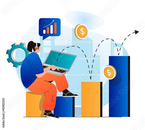 Business growth concept in modern flat design. Businesswoman working at laptop, analysis data and statistics. Financial success, profit growth, achievement of career goals. Vector illustration