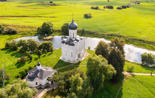 Panoramic view of Church of the Intercession of the Holy Virgin on the Nerl river, Russia