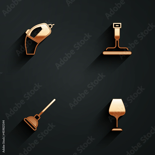 Set Portable vacuum cleaner, Rubber for windows, plunger and Wine glass icon with long shadow. Vector