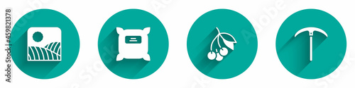 Set Agriculture wheat field farm, Pack full of seeds, Fresh berries and Pickaxe icon with long shadow. Vector