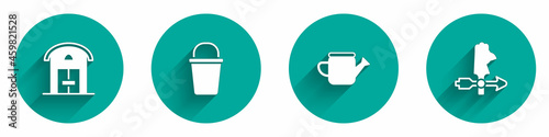 Set Farm house, Bucket, Watering can and Rooster weather vane icon with long shadow. Vector