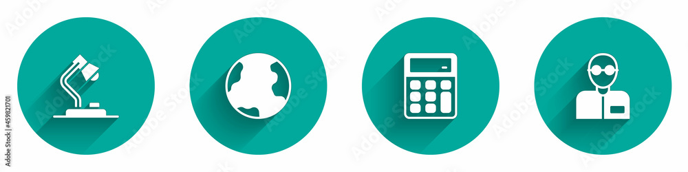 Set Table lamp, Earth globe, Calculator and Teacher icon with long shadow. Vector Set Table lamp, Earth globe, Calculator and Teacher icon with long shadow. Vector
