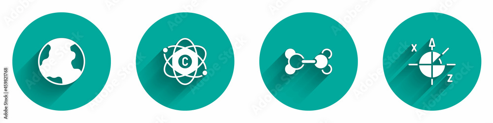Set Earth globe, Atom, Molecule and Trigonometric circle icon with long shadow. Vector Set Earth globe, Atom, Molecule and Trigonometric circle icon with long shadow. Vector