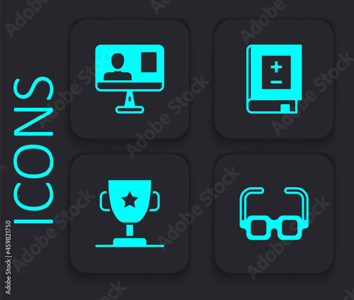Set Glasses, Online class, Book with mathematics and Award cup icon. Black square button. Vector