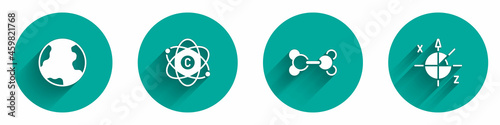Set Earth globe, Atom, Molecule and Trigonometric circle icon with long shadow. Vector