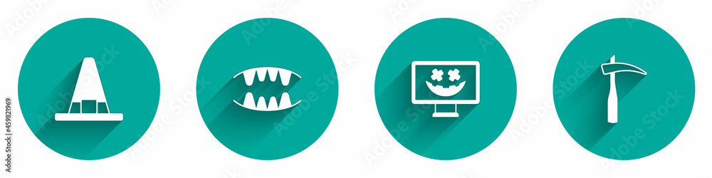 Set Witch hat, Vampire teeth, Happy Halloween holiday and Scythe icon with long shadow. Vector Set Witch hat, Vampire teeth, Happy Halloween holiday and Scythe icon with long shadow. Vector