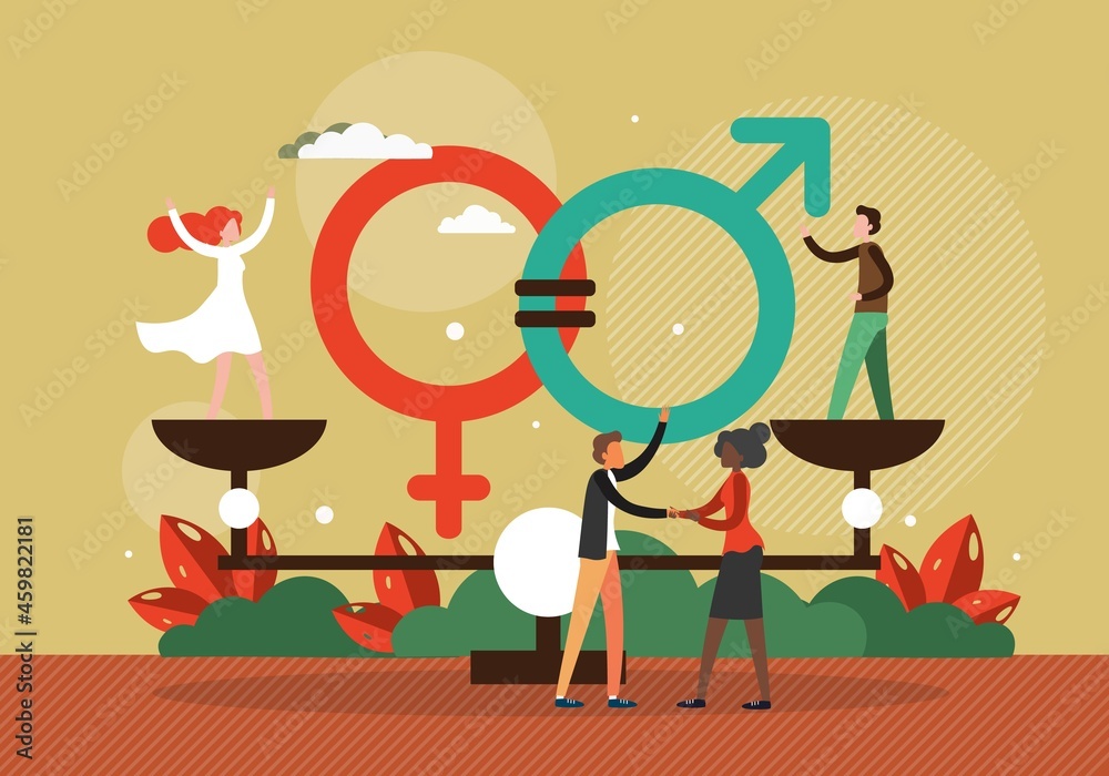Gender equality. Woman man standing on balance scales on the same ...