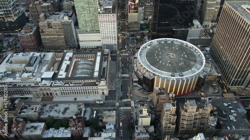 New York, New York, United States - September 26, 2021 : Aerial of Madison Square Garden in Midtown, New York City