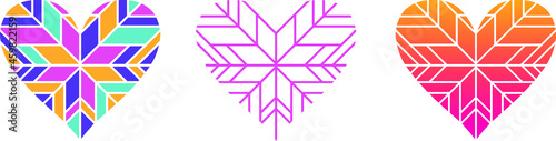Heart shaped snowflakes icon set. Red hearts with snowflake ornament vector illustration