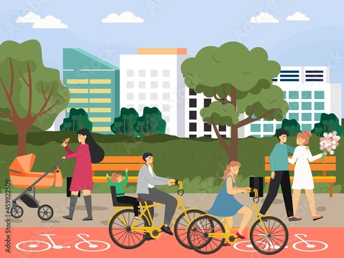 Happy family with kid riding bicycle, couple, mom with baby pram walk in city park, vector illustration. Family leisure.