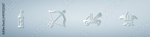 Set Castle tower, Medieval bow and arrow, catapult and Fleur de lys or lily flower. Paper art style. Vector