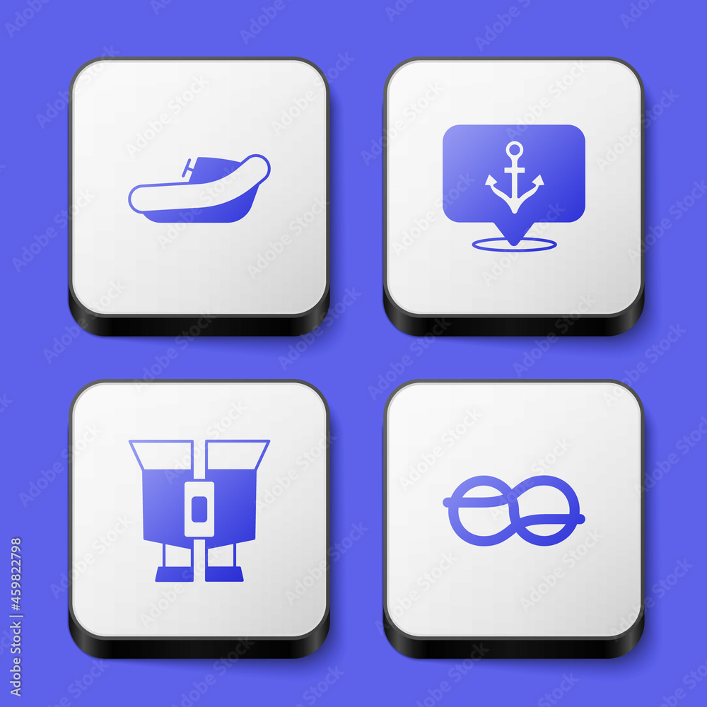 Set Inflatable boat with motor, Anchor, Binoculars and Nautical rope knots icon. White square button. Vector Set Inflatable boat with motor, Anchor, Binoculars and Nautical rope knots icon. White square button. Vector