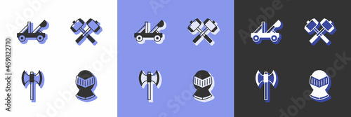 Set Medieval helmet, catapult, poleaxe and Crossed battle hammers icon. Vector