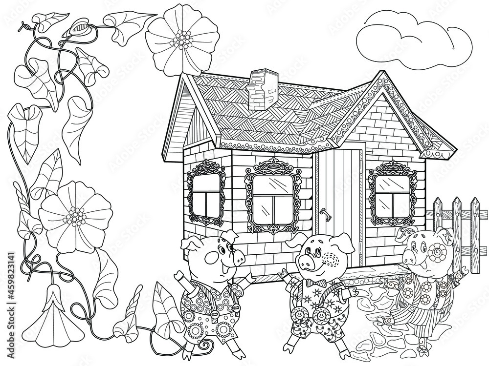 Coloring Pages. Three little pigs, Fairy tale. Coloring book. Page one