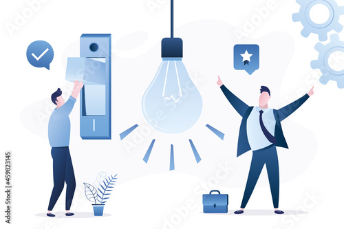 Business teamwork for new ideas search. Employee switch on idea lightbulb. Happy boss or businessman. Brainstorming, concept banner. Male manager turn on big toggle.