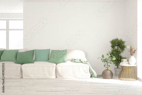 White living room with sofa. Scandinavian interior design. 3D illustration