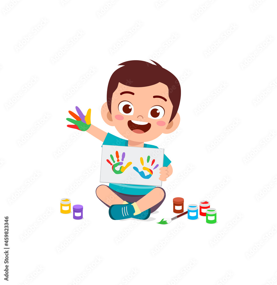 cute little boy using paint to hand for art cute little boy using paint to hand for art