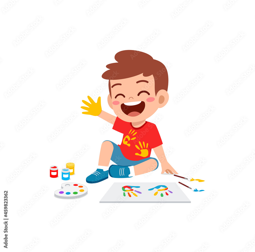 cute little boy using paint to hand for art