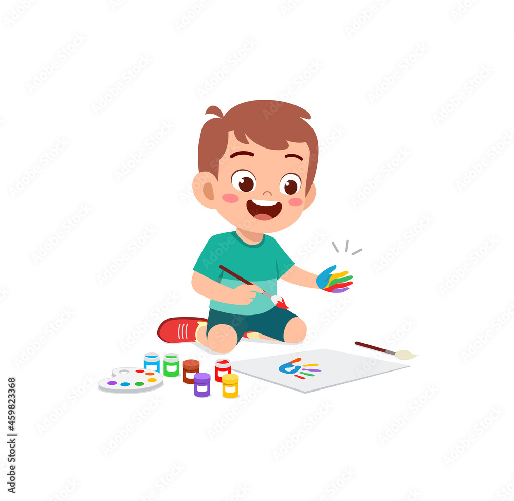 cute little boy using paint to hand for art cute little boy using paint to hand for art