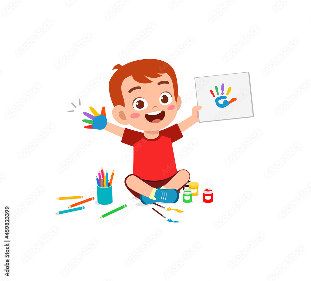 cute little boy using paint to hand for art cute little boy using paint to hand for art