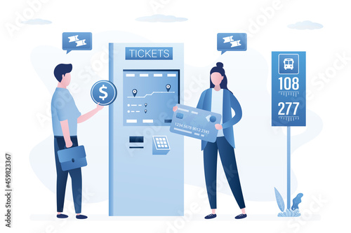 Passengers buys bus tickets through terminal. People holds money and credit card. Travelers uses ticket machine. Self-service travel pass technology. Bus, public transport.