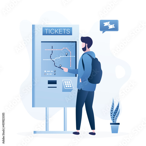 Passenger buys bus or metro ticket through terminal. Male character uses ticket machine. Self-service travel pass technology. Route selection, fare payment on device screen