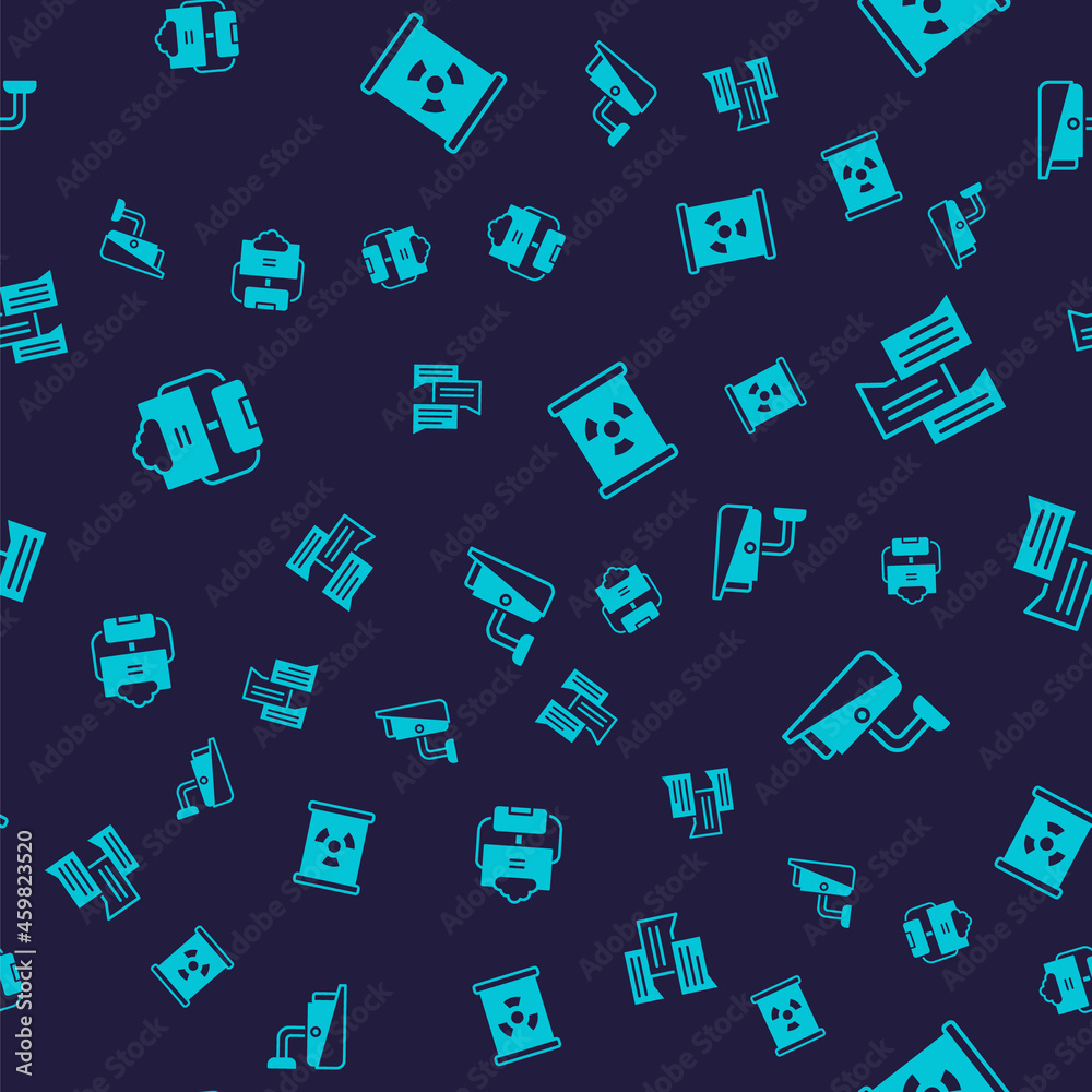 Set Cloud database, Speech bubble chat, Radioactive waste in barrel and Security camera on seamless pattern. Vector Set Cloud database, Speech bubble chat, Radioactive waste in barrel and Security camera on seamless pattern. Vector