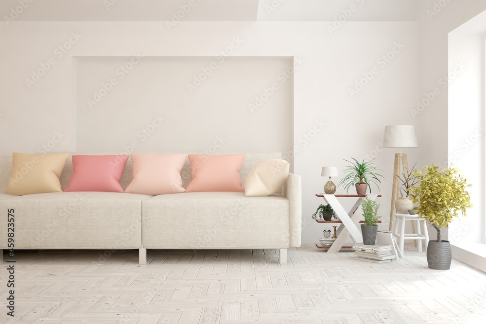 Autumn concept of living room with sofa. Scandinavian interior design. 3D illustration Autumn concept of living room with sofa. Scandinavian interior design. 3D illustration