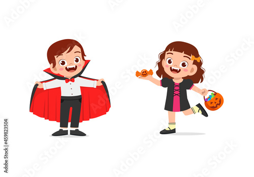 boy and girl celebrate halloween wear vampire costume