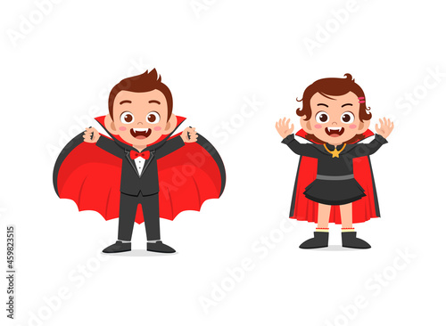 boy and girl celebrate halloween wear vampire costume