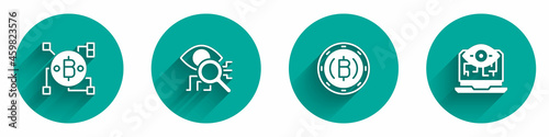 Set Blockchain technology Bitcoin, Eye scan, Cryptocurrency and Computer vision icon with long shadow. Vector