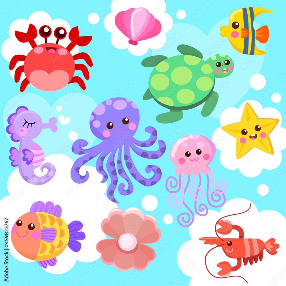 Fototapeta premium Cute sea animals set cartoon vector 