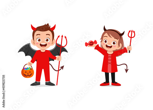boy and girl celebrate halloween wear devil costume