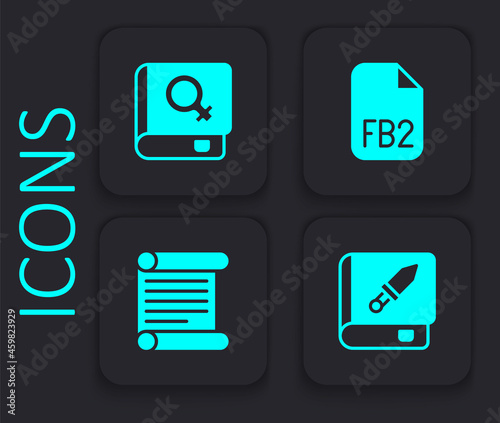Set Book about weapon, women, FB2 File and Decree, parchment, scroll icon. Black square button. Vector