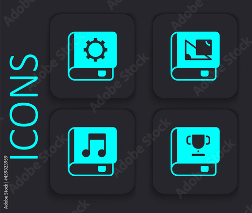 Set Book, User manual, about geometry and Audio book icon. Black square button. Vector