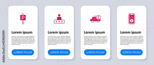 Set Taxi mobile app, Taximeter device, service rating and Parking. Business infographic template. Vector
