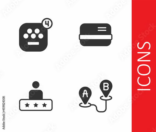 Set Route location, Taxi mobile app, service rating and Credit card icon. Vector