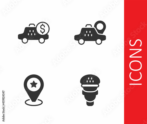 Set Taxi driver, Taximeter device, Location with star and taxi car icon. Vector
