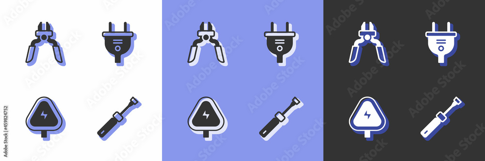 Set Screwdriver, Pliers tool, High voltage and Electric plug icon. Vector