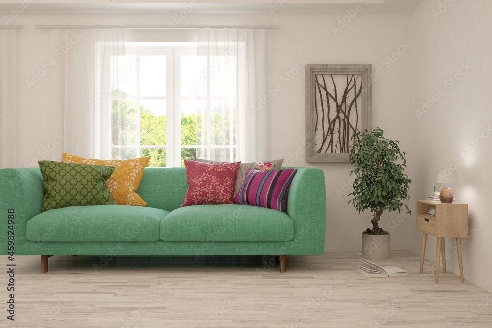 White living room with sofa and summer landscape in window. Scandinavian interior design. 3D illustration