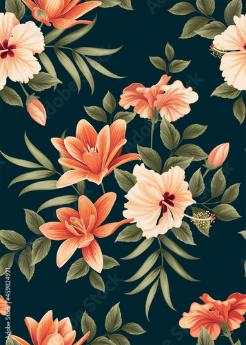 Seamless pattern of hibiscus flowers and lily with leaf background template. Vector set of floral element for tropical print, wedding invitations, greeting card, brochure, banners and fashion design.
