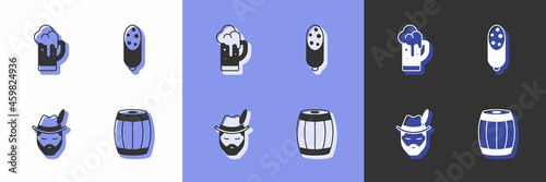 Set Wooden barrel, Glass of beer, Oktoberfest man and Salami sausage icon. Vector