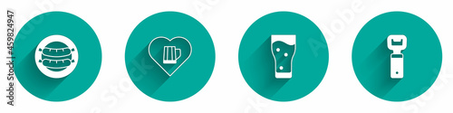 Set Sausage, Heart with glass of beer, Glass and Bottle opener icon with long shadow. Vector