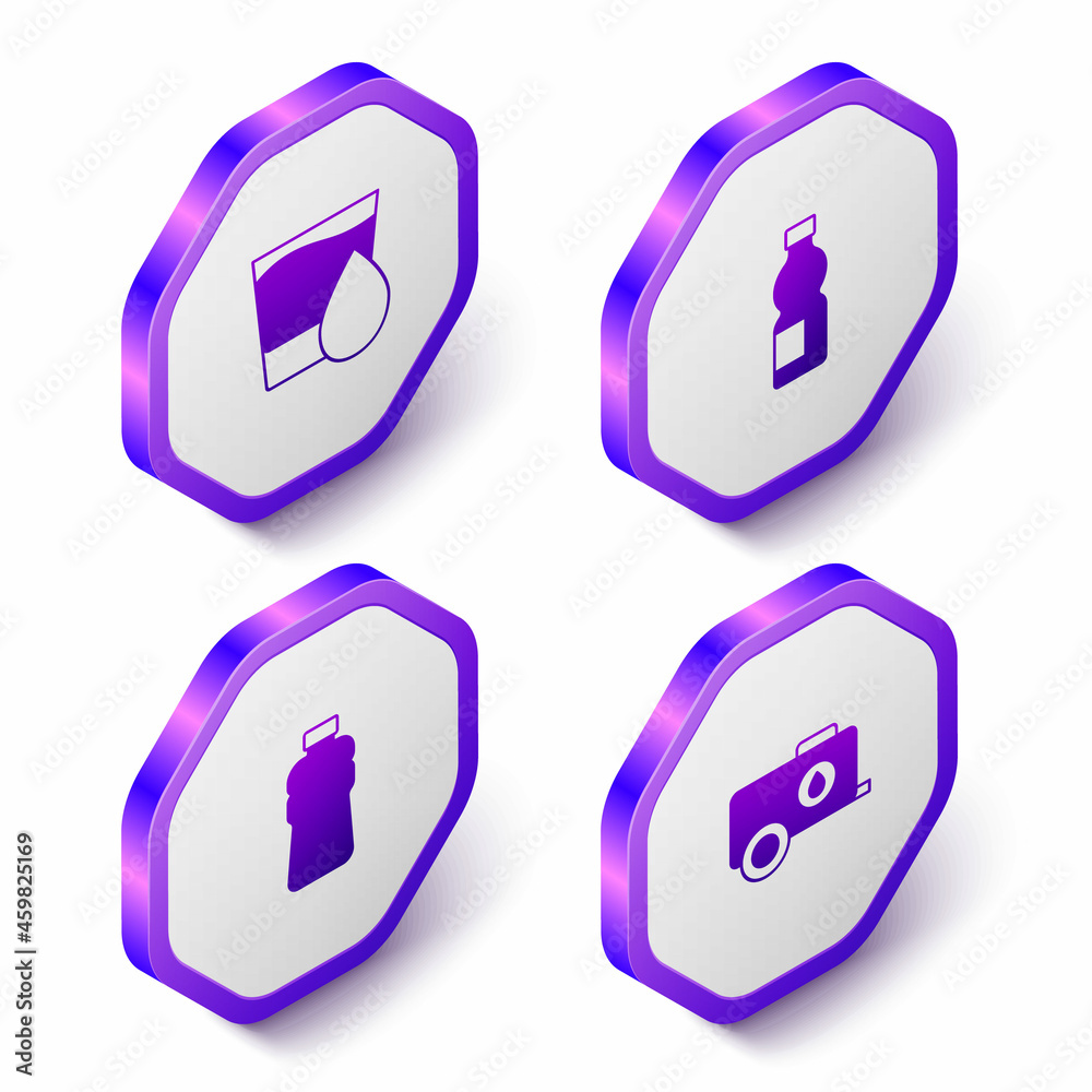 Set Isometric Glass with water, Bottle of, and Mobile tank icon. Purple hexagon button. Vector Set Isometric Glass with water, Bottle of, and Mobile tank icon. Purple hexagon button. Vector