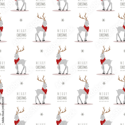 Christmas pattern with reindeers. Cute deers with antlers and scarves. Winter print. New Year seamless background. Vector illustration in flat cartoon style.