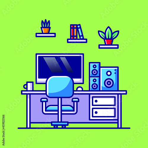 Workspace Cartoon Illustration Computer With Chair Monitor Plant Book Glass And Sound On Table