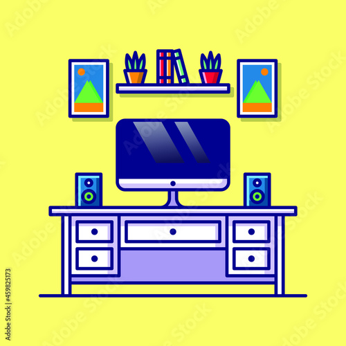 Workspace Cartoon Illustration Computer With Monitor Book Plant And Sound On Table