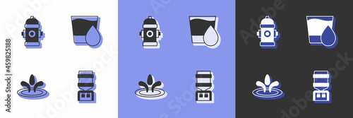 Set Water cooler, Fire hydrant, drop and Glass with water icon. Vector