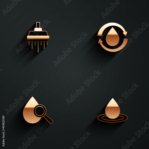 Set Shower, Recycle clean aqua, Drop and magnifying glass and Water drop icon with long shadow. Vector