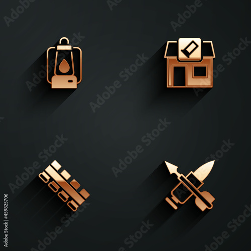 Set Camping lantern, Hunting shop, cartridge belt and Crossed bullet with arrow icon with long shadow. Vector